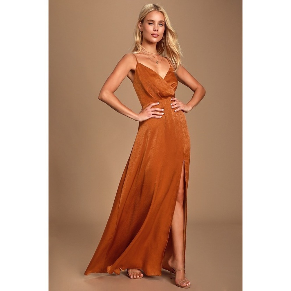 Lulus Constantine Rust Orange Satin Maxi Dress - Size M